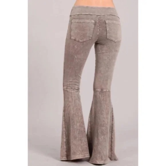 Desert Taupe Mineral Wash French Terry Flared Bell Bottom Pull On Pants Pockets - Picture 2 of 5